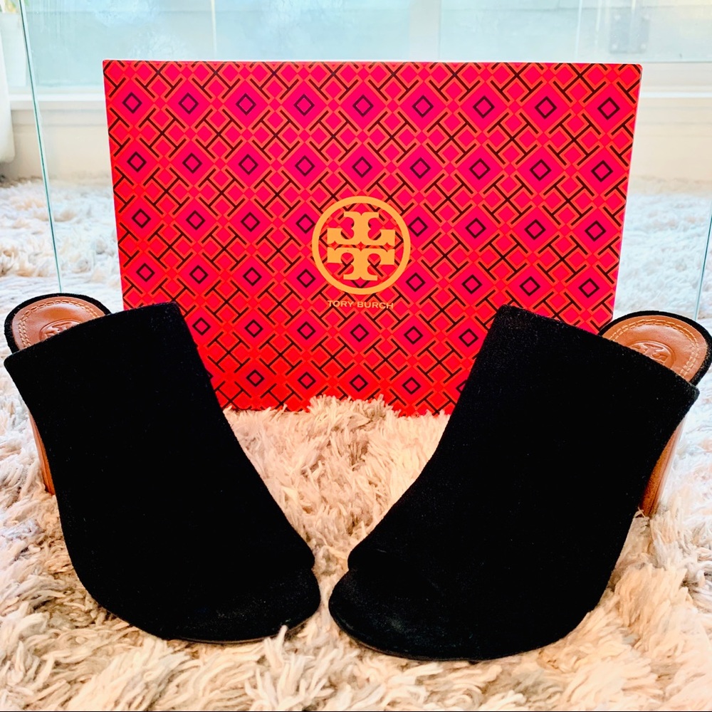 TORY BURCH l Suede Open Toe Block Heel Mule